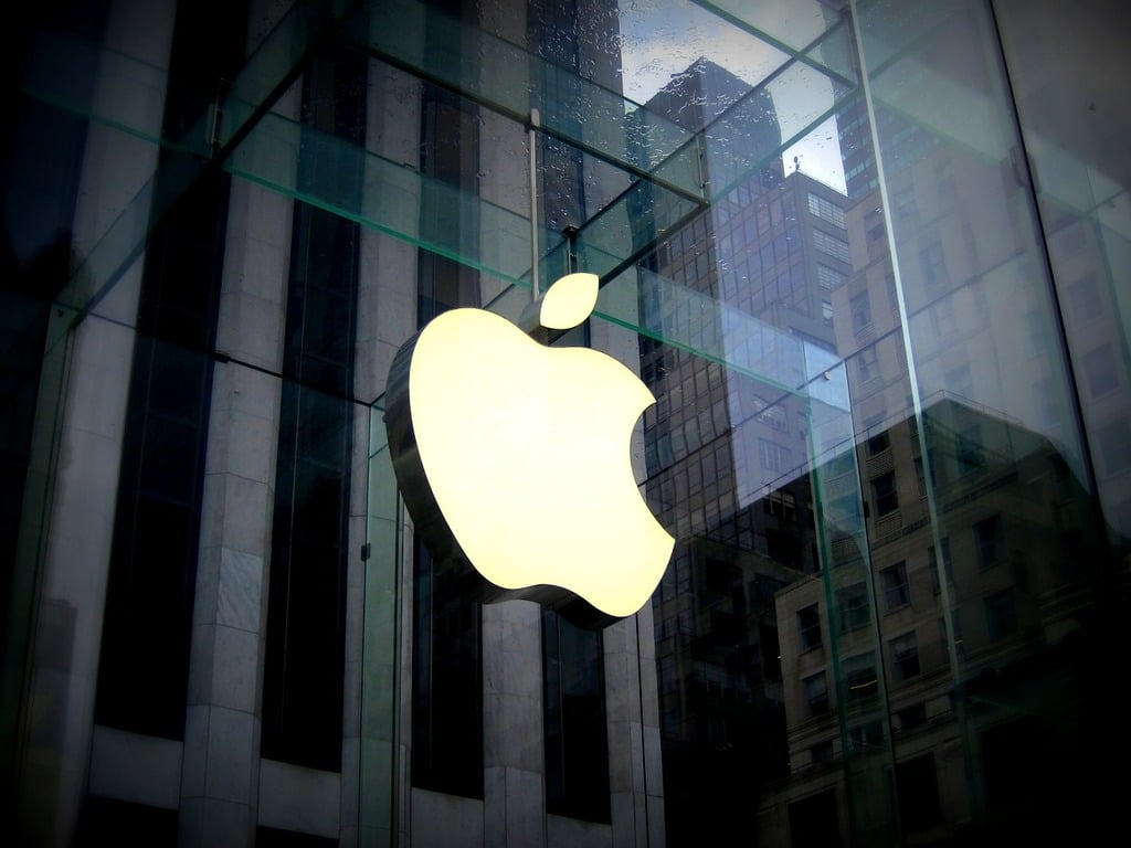 Closeup of Apple logo at a retail location