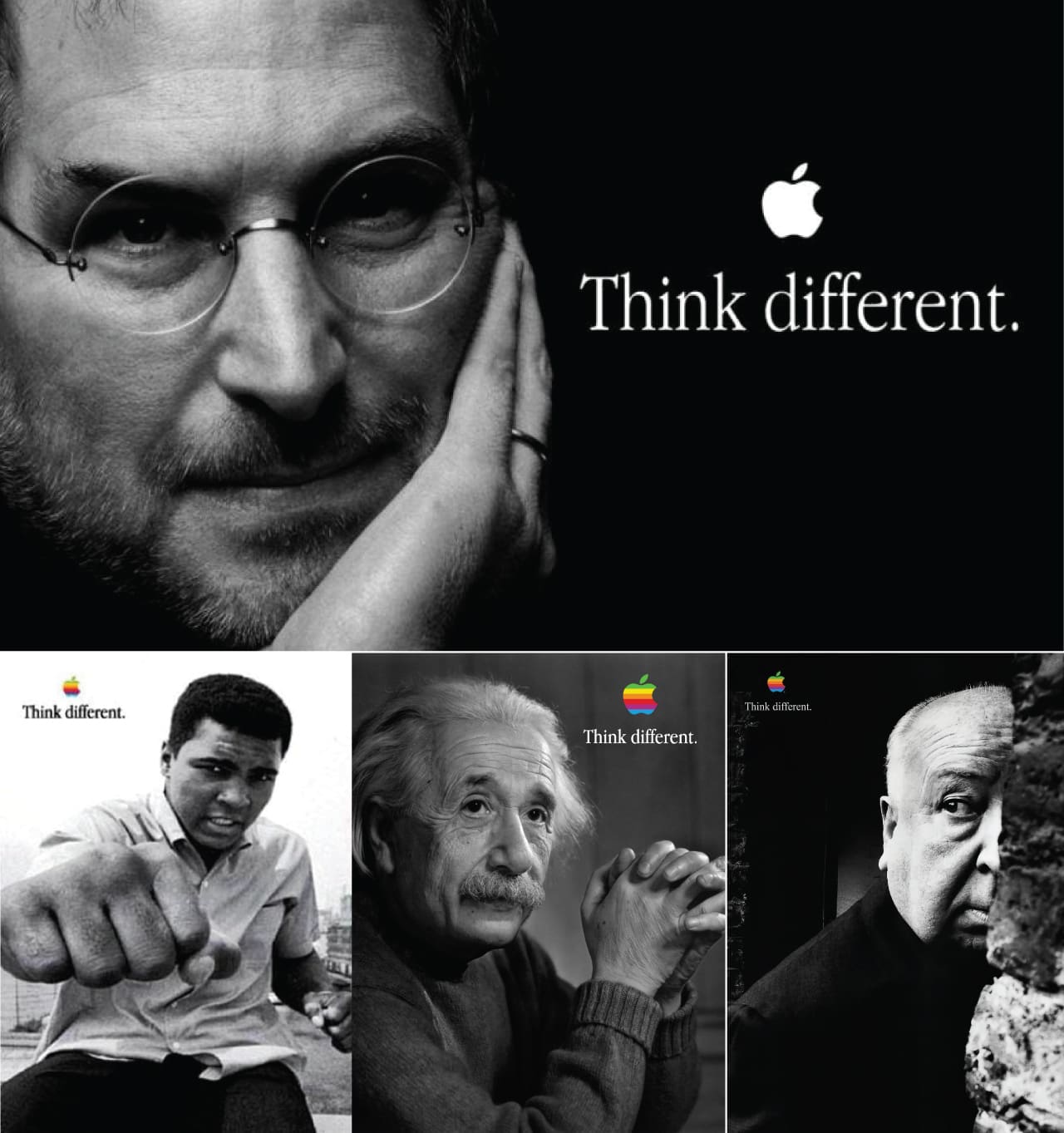 Shots from the Think Different campaign including Steve Jobs, Muhammed Ali, Albert Einstein and Alfred Hitchcock